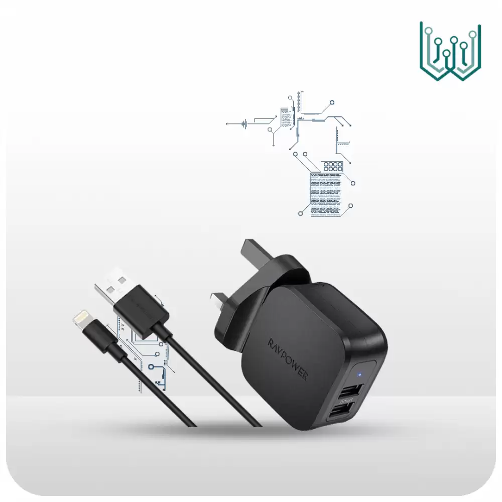 شاحن جداري راف باور بمنفذين يو اس بي + كيبل لايتننق
